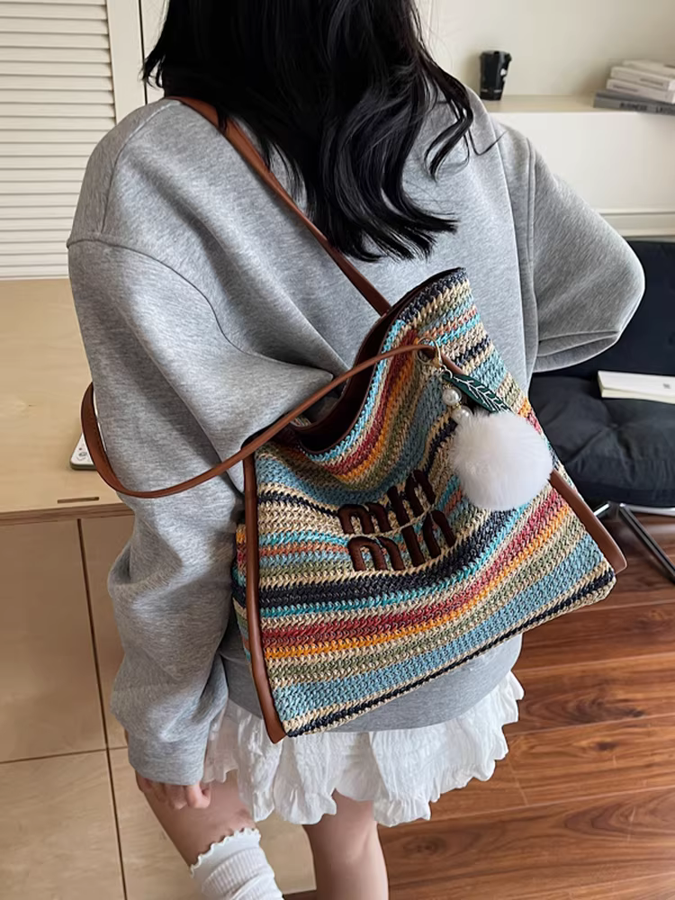 Túi cói dệt tay phong cách boho dành cho nữ, dung tích lớn, mẫu mới hè 2025, đeo vai, đi biển, đi nghỉ mát