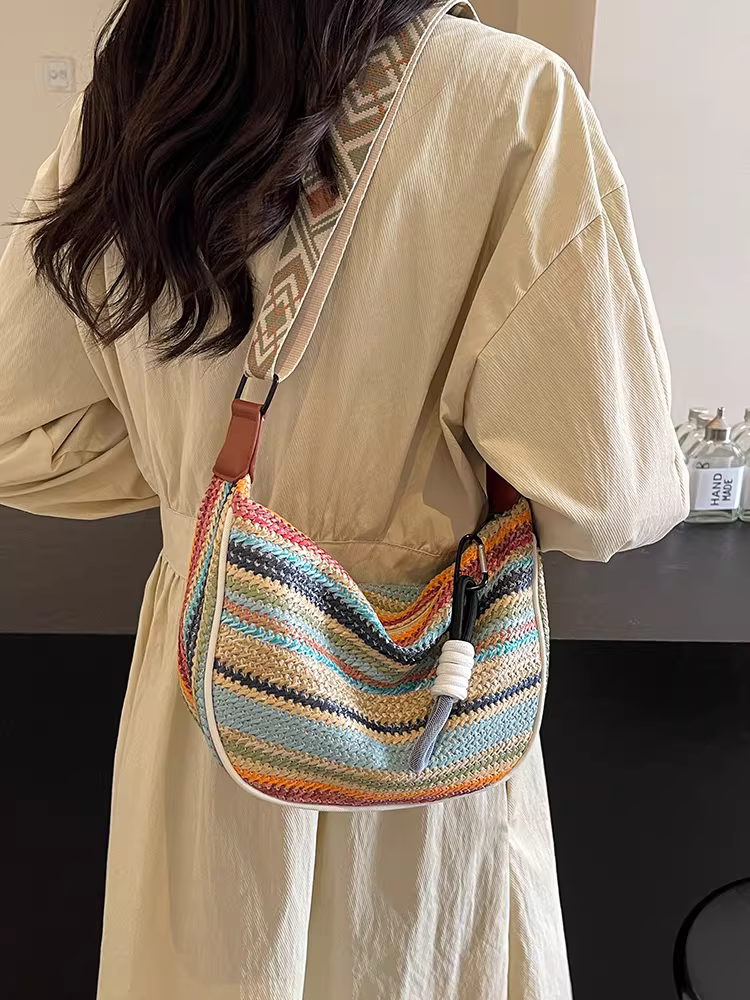 Túi đeo chéo hình bánh bao có dây đeo vai rộng, kiểu mới 2025, túi dệt phong cách boho độc đáo, túi cói phong cách dân tộc.