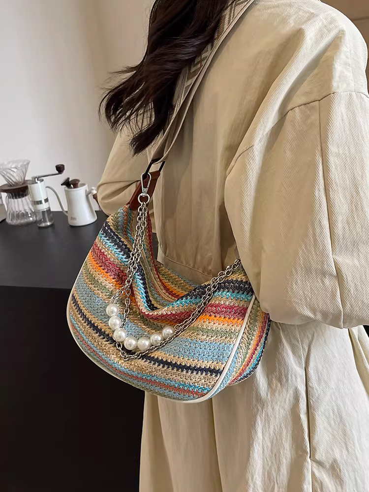Túi đeo chéo hình bánh bao có dây đeo vai rộng, kiểu mới 2025, túi dệt phong cách boho độc đáo, túi cói phong cách dân tộc.