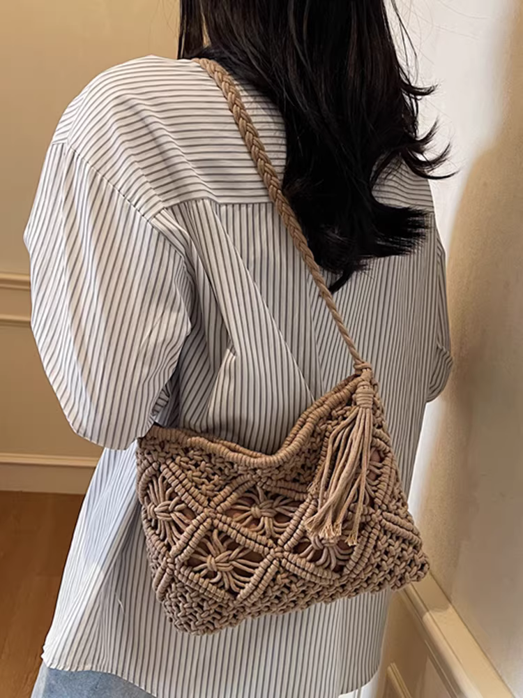 Túi đan móc nữ xuân hè 2025 thời trang mới đa năng đeo vai chéo, túi cói dệt cao cấp phong cách giản dị
