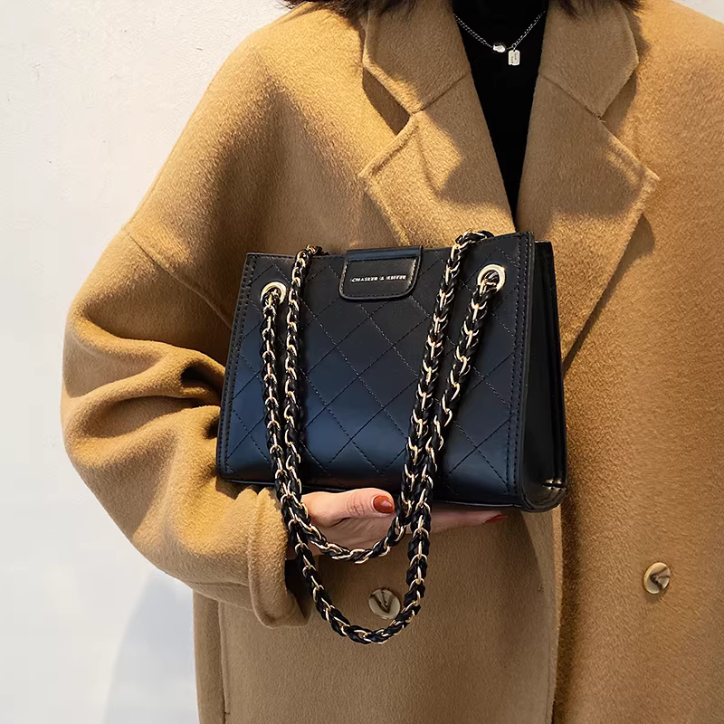 Túi đeo chéo nữ cao cấp chất liệu dệt kim phối dây xích, mẫu mới 2025, thời thượng, đa năng, độc đáo, đeo vai, đeo chéo, túi vuông nhỏ