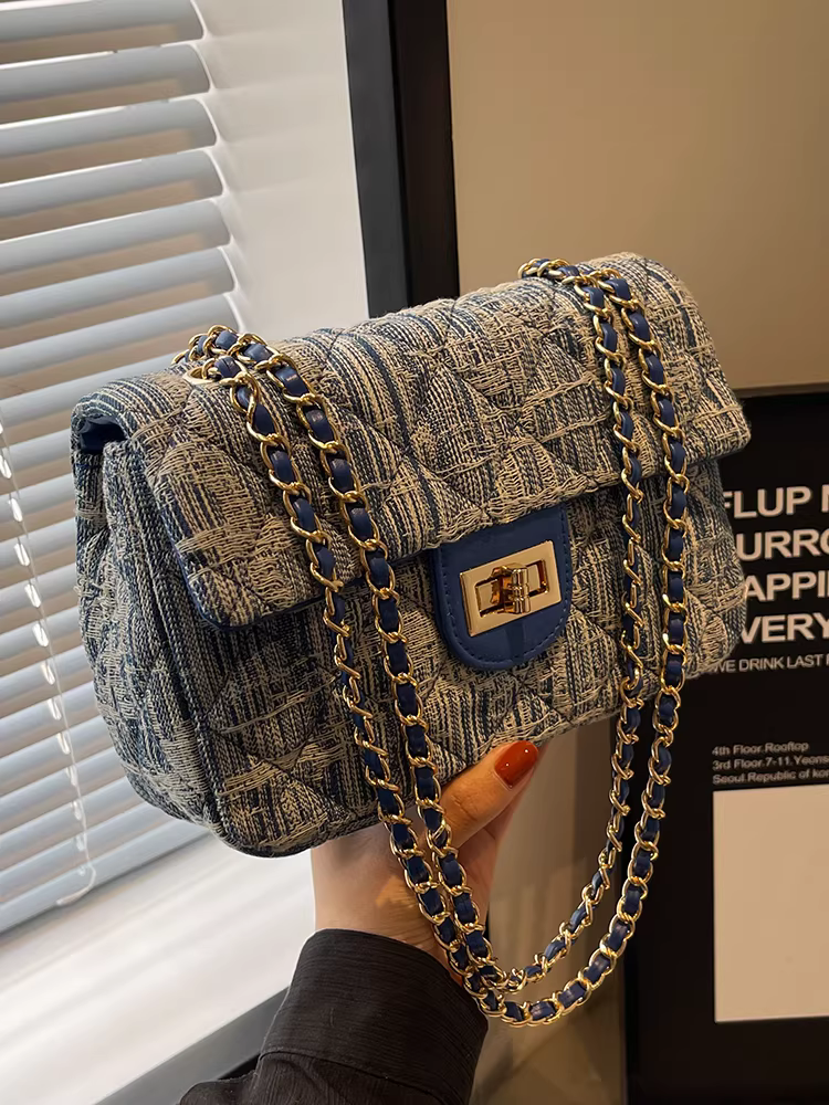 Túi denim nữ, thiết kế độc đáo, thời trang mới 2025, túi đeo chéo mùa thu may chần, túi đeo vai phổ biến