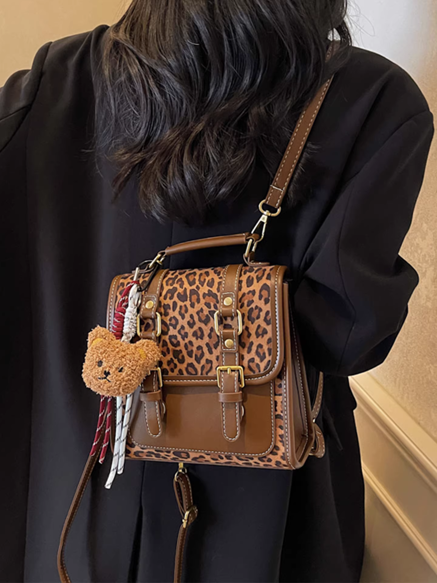 Ba lô cổ điển họa tiết da báo dành cho nữ, túi đi học thiết kế thông thường thời trang, ba lô du lịch nhẹ phong cách Hàn Quốc