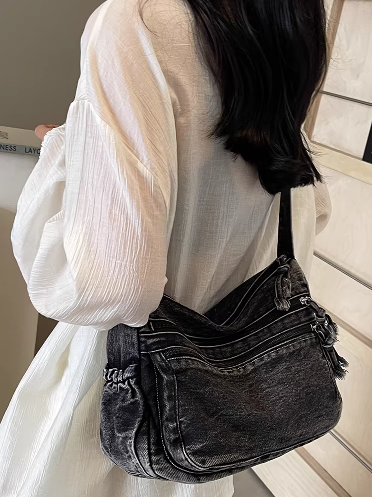 Túi denim nữ, dung tích lớn, mẫu mới thu đông 2025, túi đeo chéo thường ngày, túi tote đi học đi làm cho sinh viên