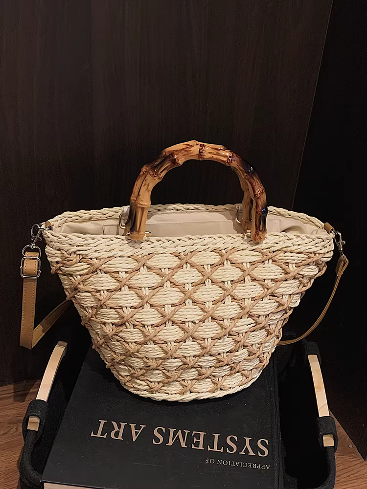 Túi cói đan tay dành cho nữ, dung tích lớn, kiểu dáng mùa hè mới 2025, túi tote đi biển.