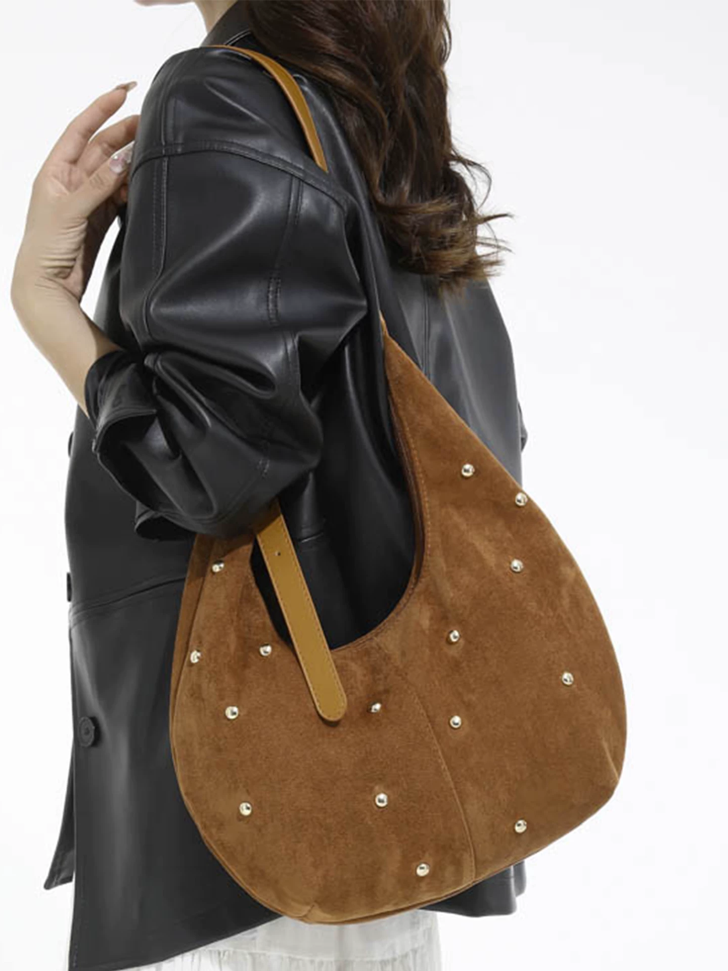 Túi đeo chéo nữ chất liệu da lộn, nhiều ngăn, mẫu mới thu đông 2025, phong cách retro độc đáo, kiểu dáng bánh bao, thích hợp đi làm.