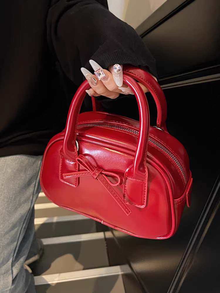 Túi đeo chéo nhỏ thời trang đa năng kiểu Hàn Quốc năm 2025, thiết kế độc đáo, nơ đỏ, kiểu bowling dành cho nữ