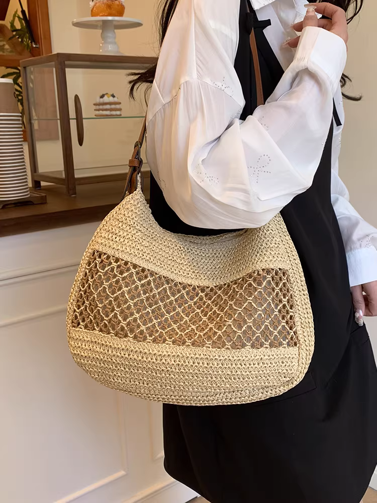 Túi cói đan tay cỡ lớn dành cho nữ, mẫu mới hè 2025, túi đeo vai đi làm, phong cách đi biển, túi đi nghỉ mát