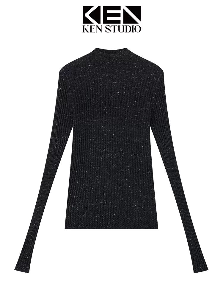 KEN STUDIO Áo dệt kim dài tay màu đen thu đông mới dành cho nữ với thiết kế tôn dáng và cổ áo nửa cao