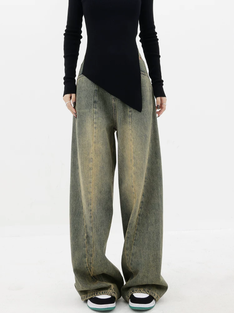 Quần jean cổ điển lót lông cừu mùa thu đông của KEN STUDIO dành cho nữ, quần ống rộng dáng thẳng, rộng rãi, có thiết kế, quần dài đến sàn