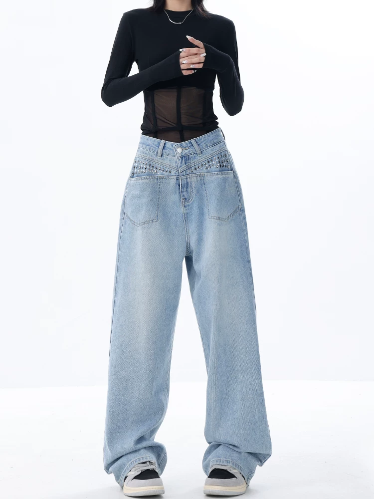 Quần jean màu xanh lam được thiết kế theo phong cách KEN STUDIO dành cho nữ, kiểu dáng mới mùa xuân thu, dáng rộng, quần ống rộng giúp thon gọn.