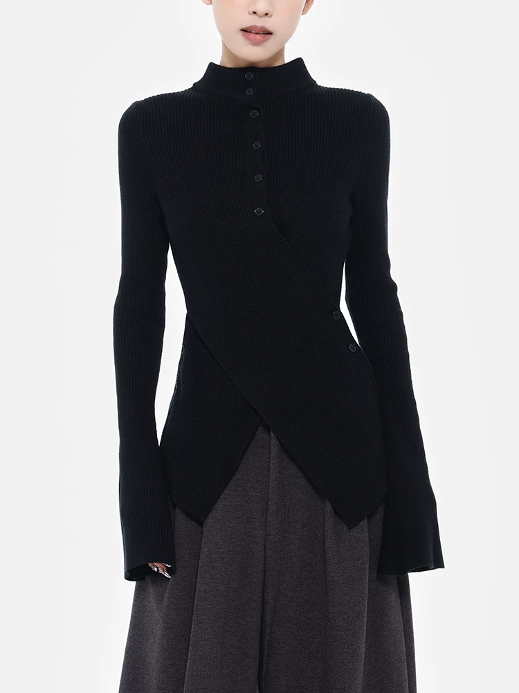 KEN STUDIO Áo dệt kim dáng ôm cổ cao nửa cổ màu đen mới thu đông dành cho nữ với thiết kế bất đối xứng