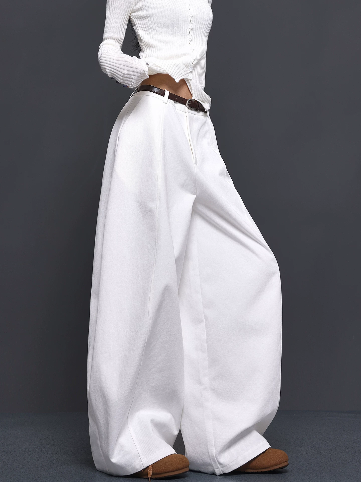 KEN STUDIO Quần ống rộng màu trắng thu đông mới dành cho nữ, dáng rộng, thon gọn, lười biếng, quần đa năng