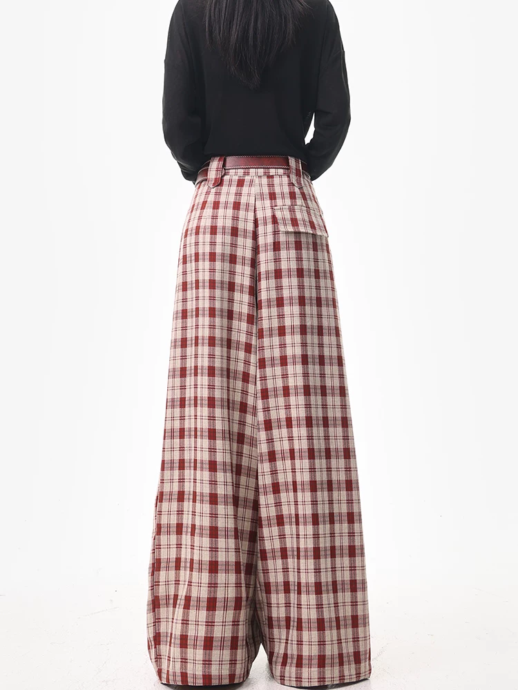 KEN STUDIO quần âu kẻ sọc đỏ cổ điển kiểu Mỹ dành cho nữ, thiết kế mùa hè và mùa thu, quần âu ống rộng lưng cao dáng thẳng