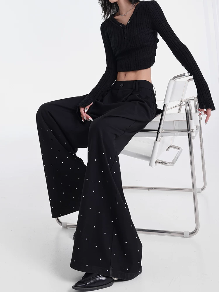 KEN STUDIO nguyên bản mùa hè và mùa thu mới thiết kế đính đá màu đen phù hợp với quần đa năng quần ống rộng dáng rộng giảm béo