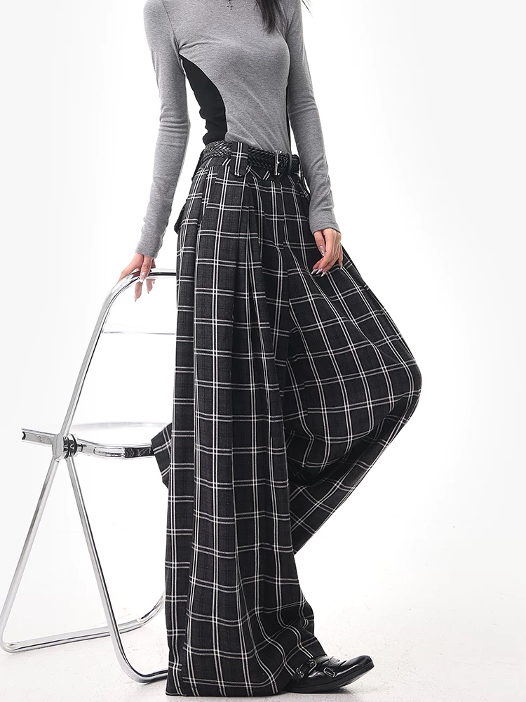 KEN STUDIO Quần kẻ sọc đen mùa hè và mùa thu mới dành cho nữ, quần ống rộng thẳng kiểu dáng lười biếng, quần vest.