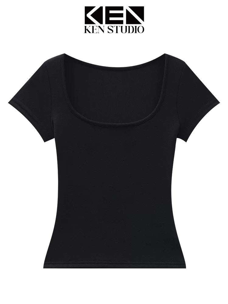 KEN STUDIO phong cách mới mùa hè Áo thun ngắn tay cổ chữ U kiểu dáng cay cay dành cho nữ có đệm ngực, ôm vừa vặn và tôn dáng bên trong