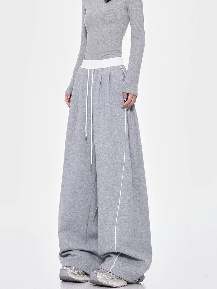 KEN STUDIO quần thể thao ống rộng có dây rút màu xám mới cho mùa thu đông dành cho nữ, quần rộng rãi và quần thể thao phong cách giản dị