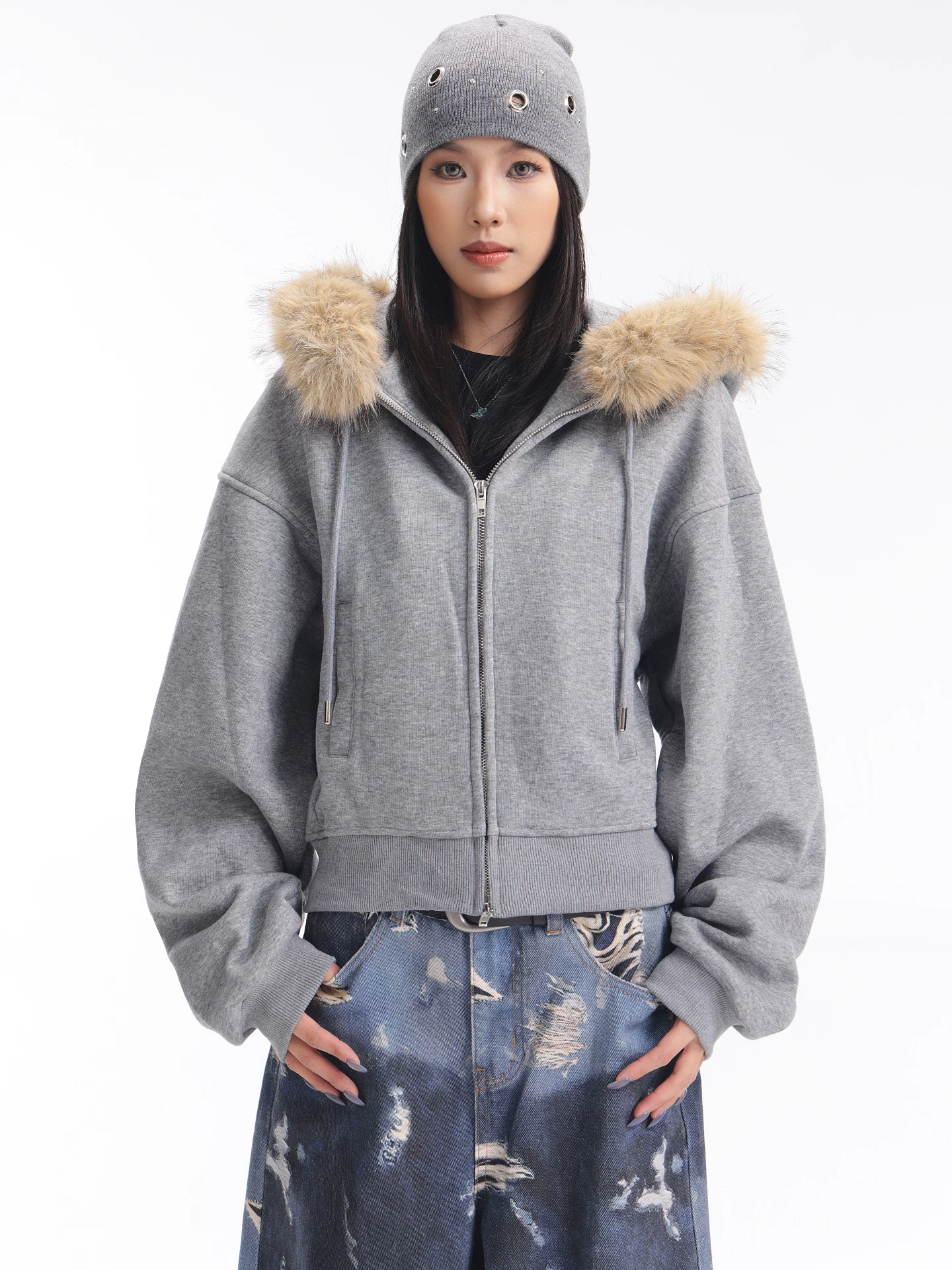 KEN STUDIO Áo khoác có mũ trùm đầu màu xám có cổ lông mùa thu đông mới dành cho nữ, áo nỉ dài tay dày vừa vặn, áo ngắn