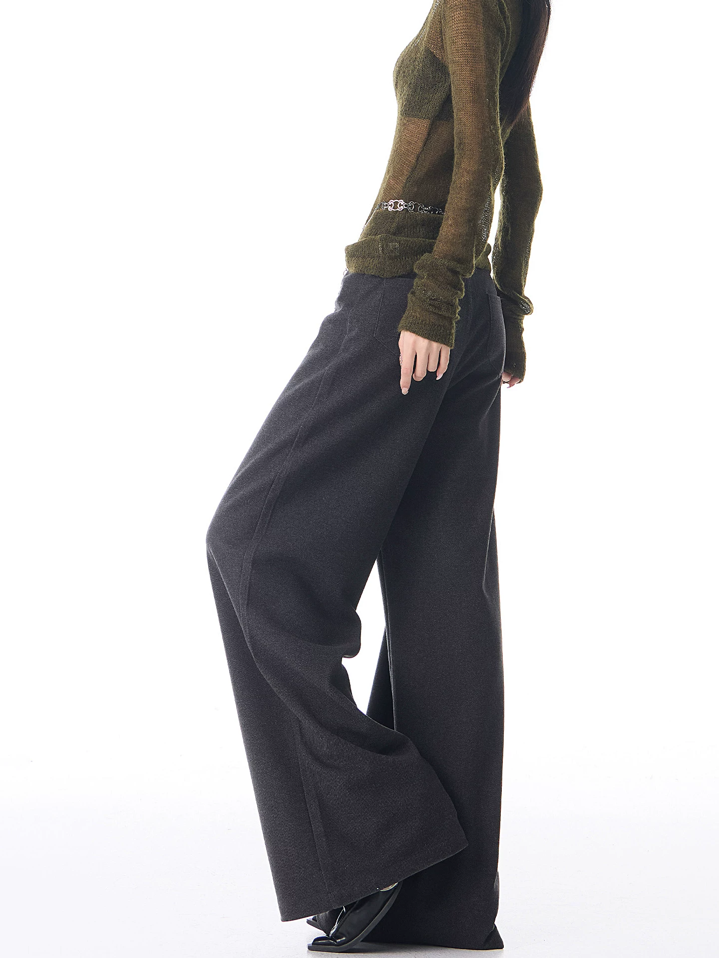 KEN STUDIO quần âu ống rộng bằng len dày mới mùa thu đông dành cho nữ, quần dài dáng rộng màu xám.