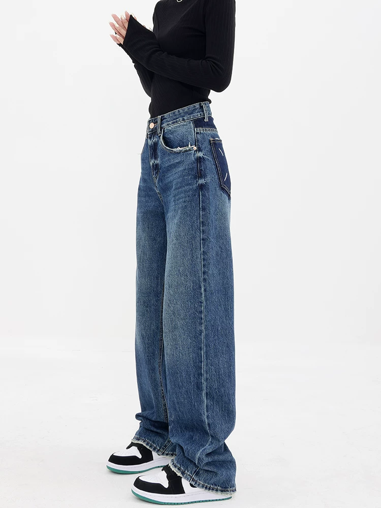 Quần jeans nữ ống đứng lót lông mùa thu đông KEN STUDIO2025, quần ống rộng cạp cao màu xanh cổ điển