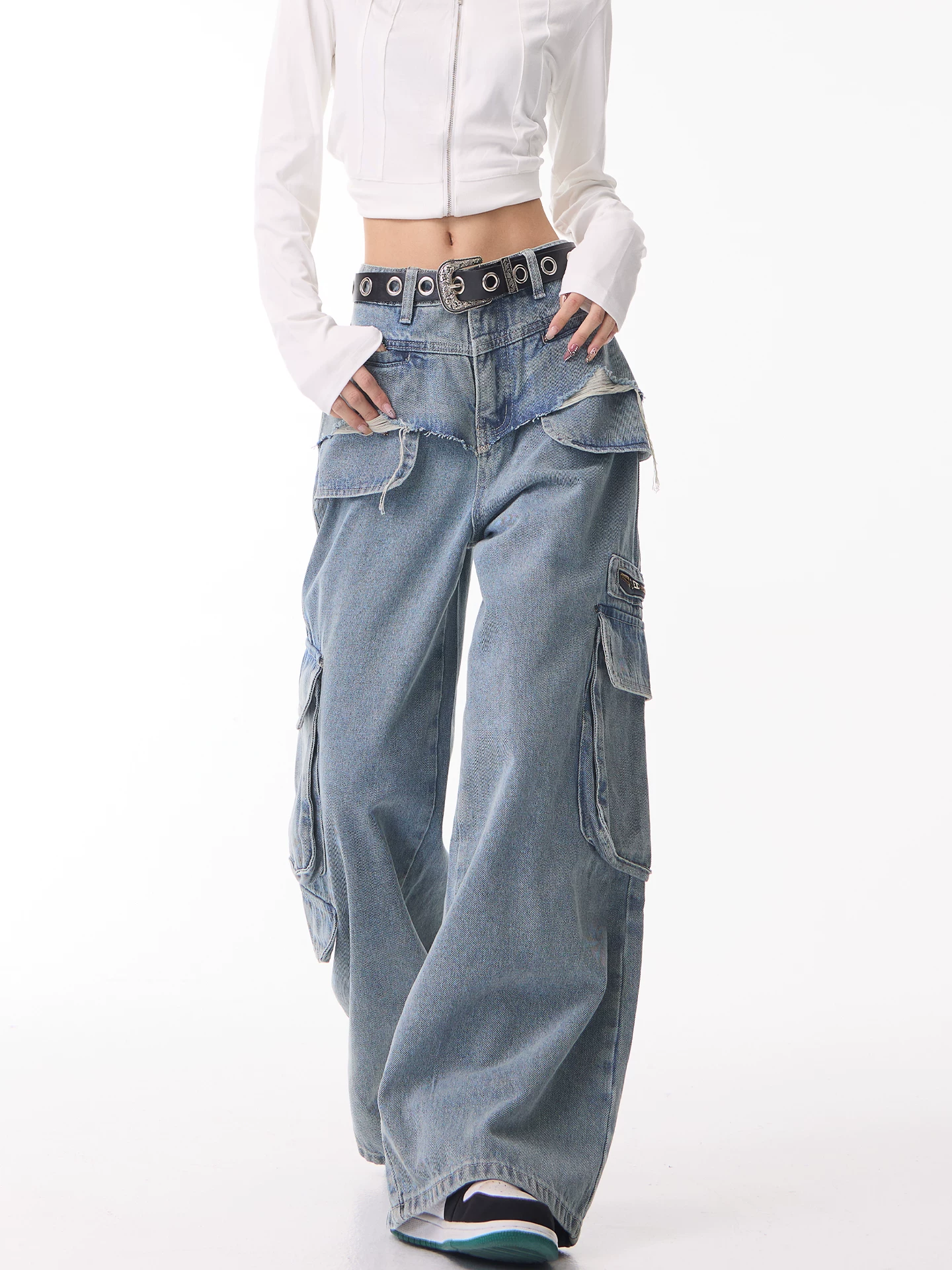 KEN STUDIO quần jean công sở thiết kế cổ điển kiểu Mỹ dành cho nữ, quần ống rộng lưng cao mới mùa xuân và mùa thu