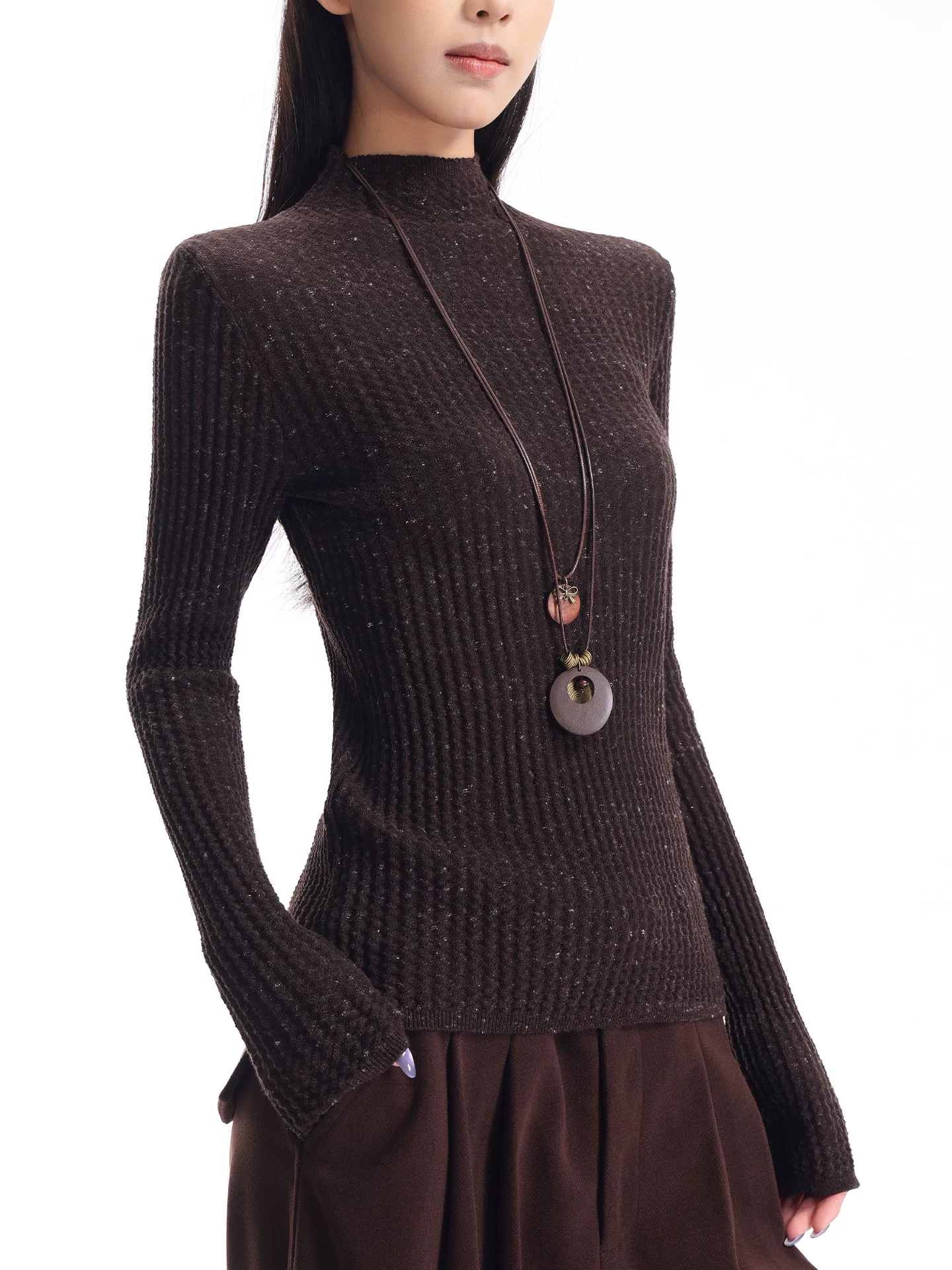 KEN STUDIO Áo len dệt kim dài tay cổ lọ kiểu cổ điển thu đông mới dành cho nữ, dáng ôm, áo nửa cổ lọ