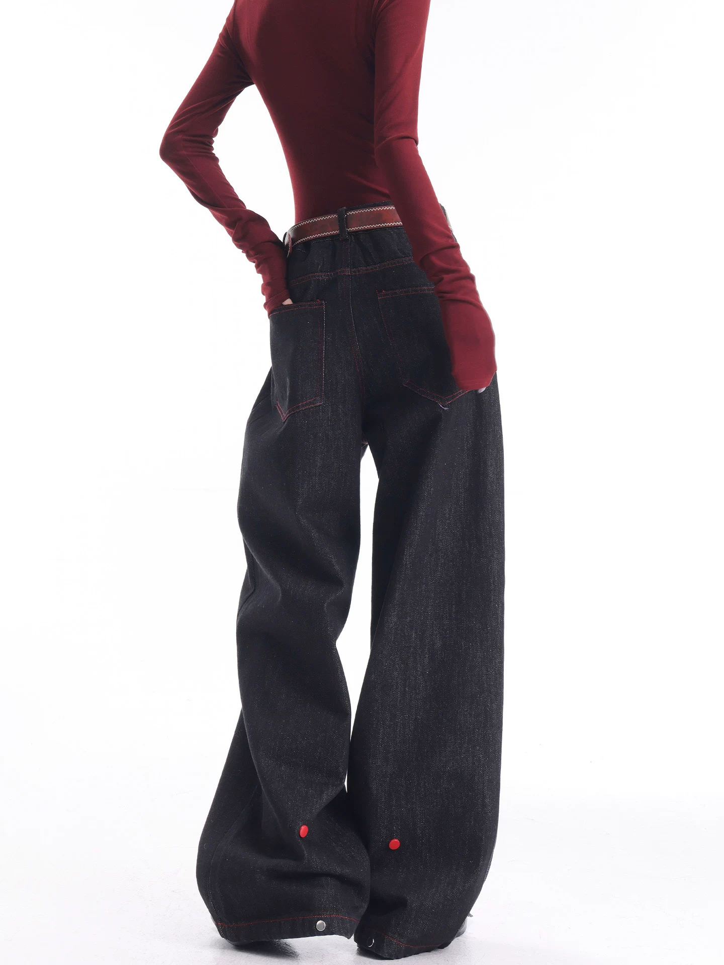 KEN STUDIO quần jean chắp vá phong cách retro mới của Mỹ dành cho nữ, quần ống rộng dáng rộng, giảm béo