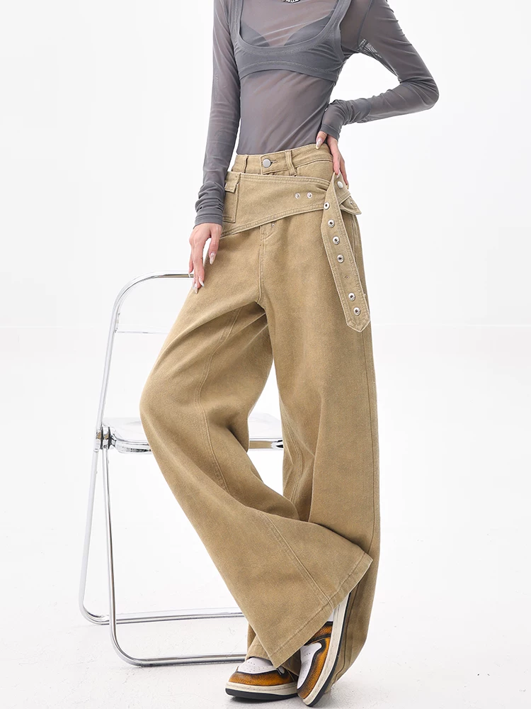 KEN STUDIO Quần denim kaki cổ điển kiểu Mỹ dành cho nữ, quần ống rộng thiết kế mới dành cho mùa hè và mùa thu.