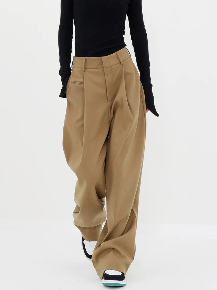 KEN STUDIO quần tây ống đứng màu kaki dày dặn mùa thu đông dành cho nữ, quần ống đứng drapey, quần thường ngày, quần công sở.