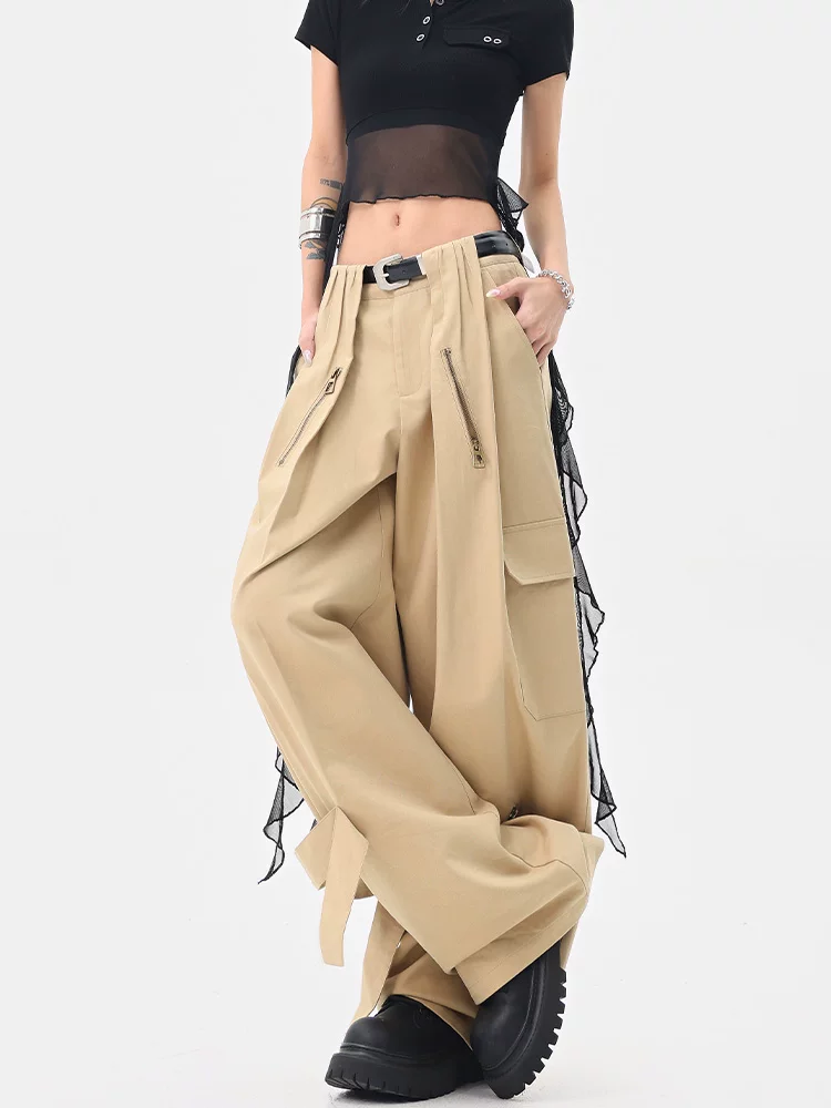 Quần kaki nhiều túi phong cách retro của KEN STUDIO dành cho nữ, phong cách mùa hè mới, quần ống rộng dáng rộng.