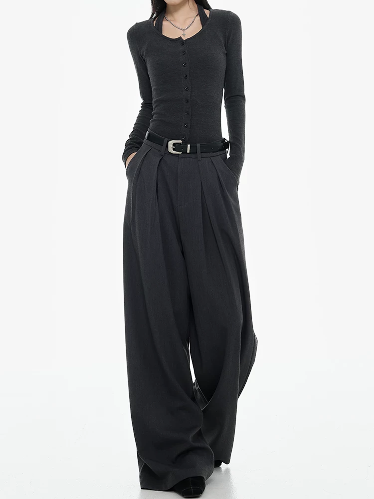 KEN STUDIO đầu mùa thu Quần âu ống rộng màu xám lưng cao kiểu Mỹ mới dành cho nữ với thiết kế xếp ly và quần dài ống thẳng