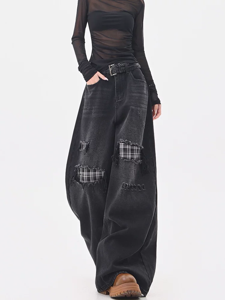 KEN STUDIO Quần jean chắp vá kiểu cổ điển Mỹ dành cho nữ, quần ống rộng dáng rộng mới mùa xuân thu.