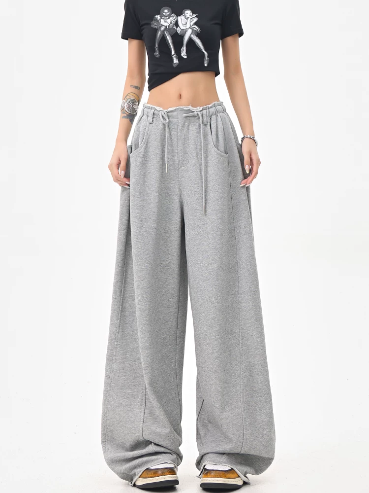 KEN STUDIO Quần thể thao dây rút màu xám phong cách Mỹ Quần dài lưng cao dáng rộng dáng rộng dành cho nữ