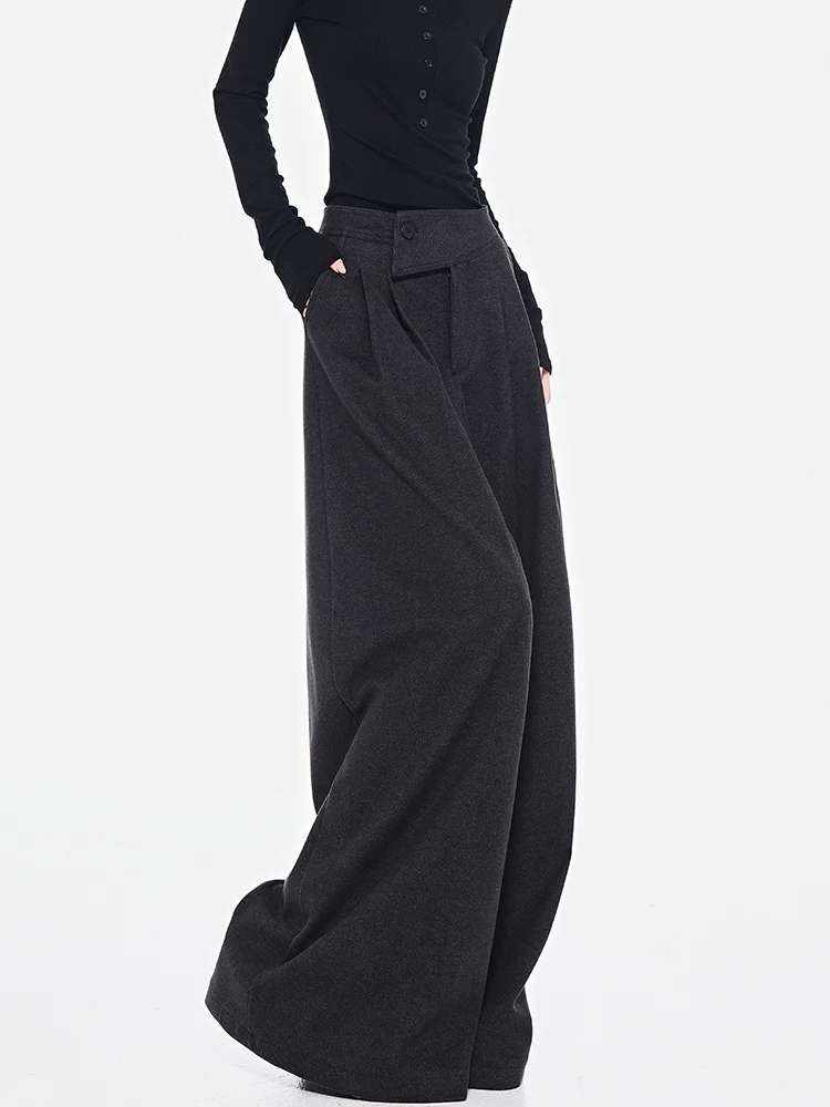 KEN STUDIO Quần dài ống rộng màu xám thu đông mới dành cho nữ, quần dài dáng rộng đa năng lưng cao