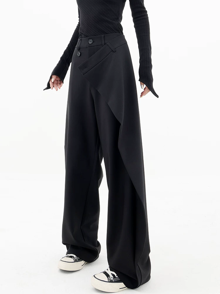 KEN STUDIO Quần âu thiết kế mới mùa xuân thu dành cho nữ, quần ống rộng dài đến sàn, dáng rộng và xếp nếp.