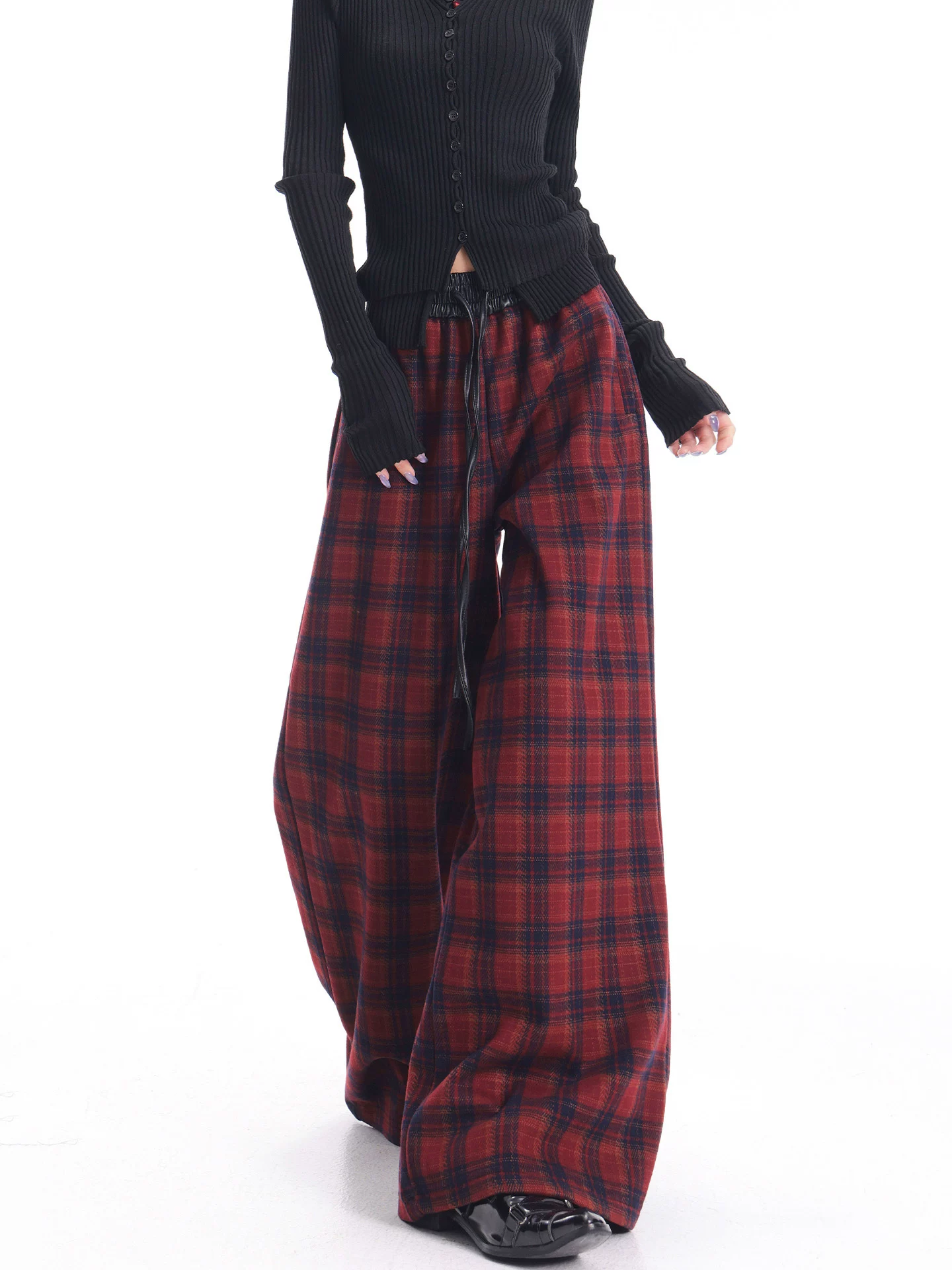 KEN STUDIO Quần kẻ sọc dày lót lông cừu màu đỏ thu đông mới dành cho nữ có eo co giãn và quần ống rộng bằng vải chắp vá