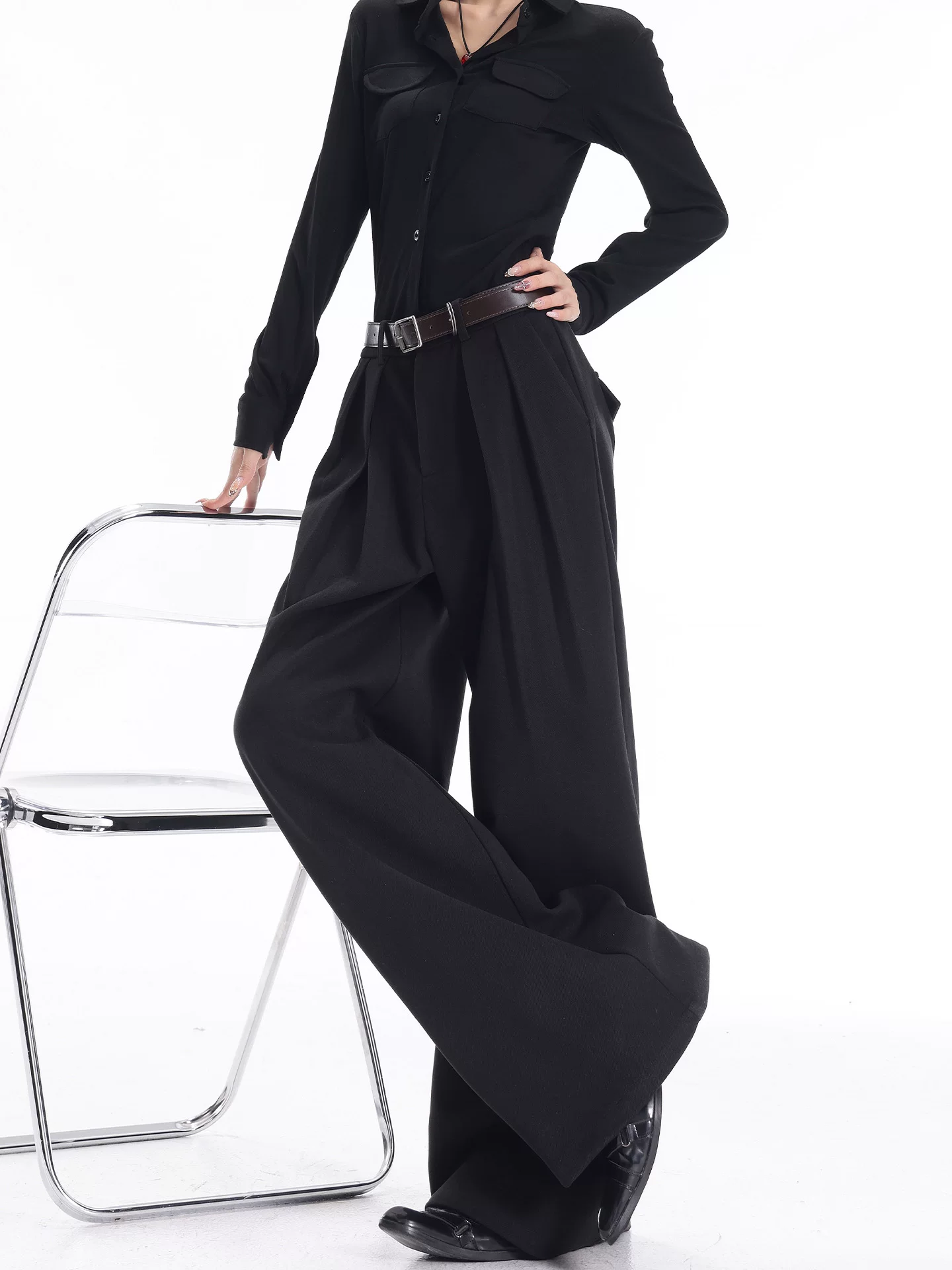 KEN STUDIO Quần tây ống rộng màu đen thu đông mới dành cho nữ, thiết kế cao cấp, dáng suôn, dáng rộng, dáng suôn, quần dài đến sàn