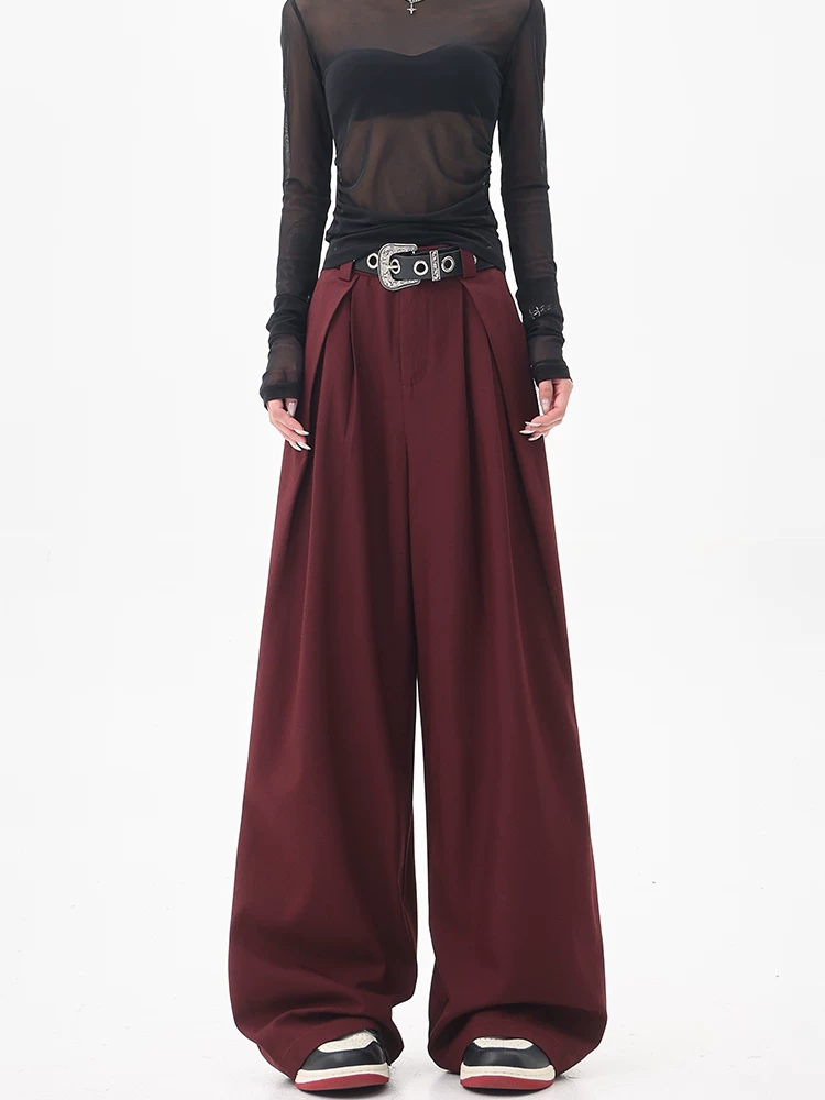 Quần tây ống rộng xếp ly cao cấp màu đỏ tía của KEN STUDIO dành cho nữ, quần âu dáng rộng lưng cao mùa hè mới