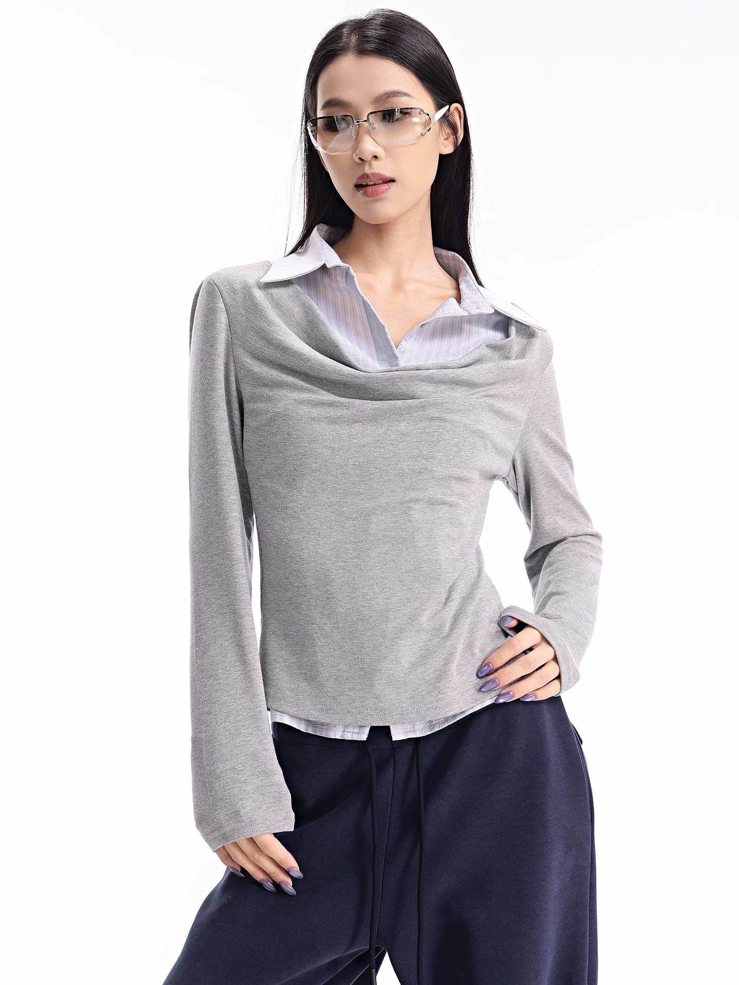 KEN STDUIO Áo sơ mi dài tay giả hai mảnh cổ tròn mùa thu Áo thun nữ nhiều lớp phong cách Hàn Quốc Giảm béo đa năng hàng đầu