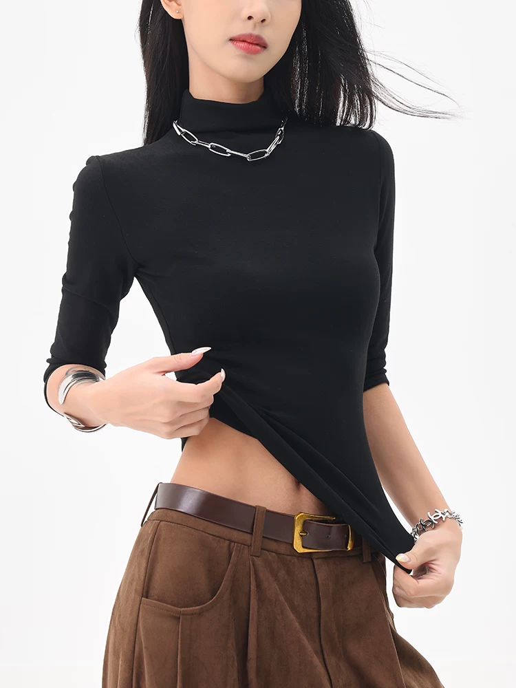 KEN STUDIO đầu mùa thu Áo thun ngắn tay cổ cao nửa cổ màu đen mới dành cho nữ, áo sơ mi trễ vai dáng ôm vừa vặn nửa tay