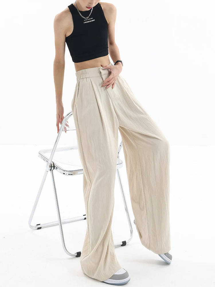 Quần tây ống rộng bằng vải lụa băng KEN STUDIO dành cho nữ, quần mỏng xếp ly mùa hè thiết kế lười biếng, quần thường ngày rộng rãi