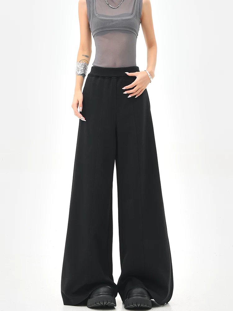 KEN STUDIO Quần thể thao màu đen phong cách Mỹ dành cho nữ, quần thể thao ống đứng cạp cao mới, quần ống rộng cho mùa hè và mùa thu.