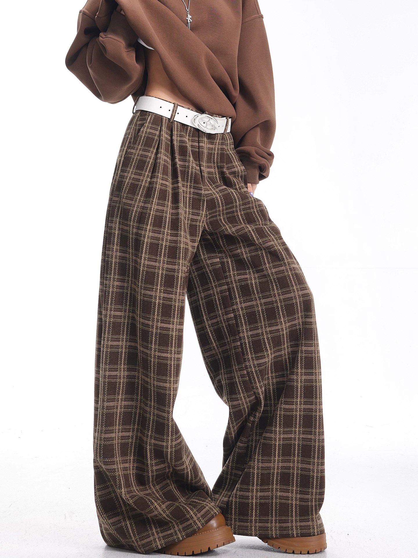 KEN STUDIO Quần thường ngày kẻ sọc dày màu cà phê mùa thu đông mới dành cho nữ, quần ống rộng dài đến sàn dáng rộng giúp giảm béo