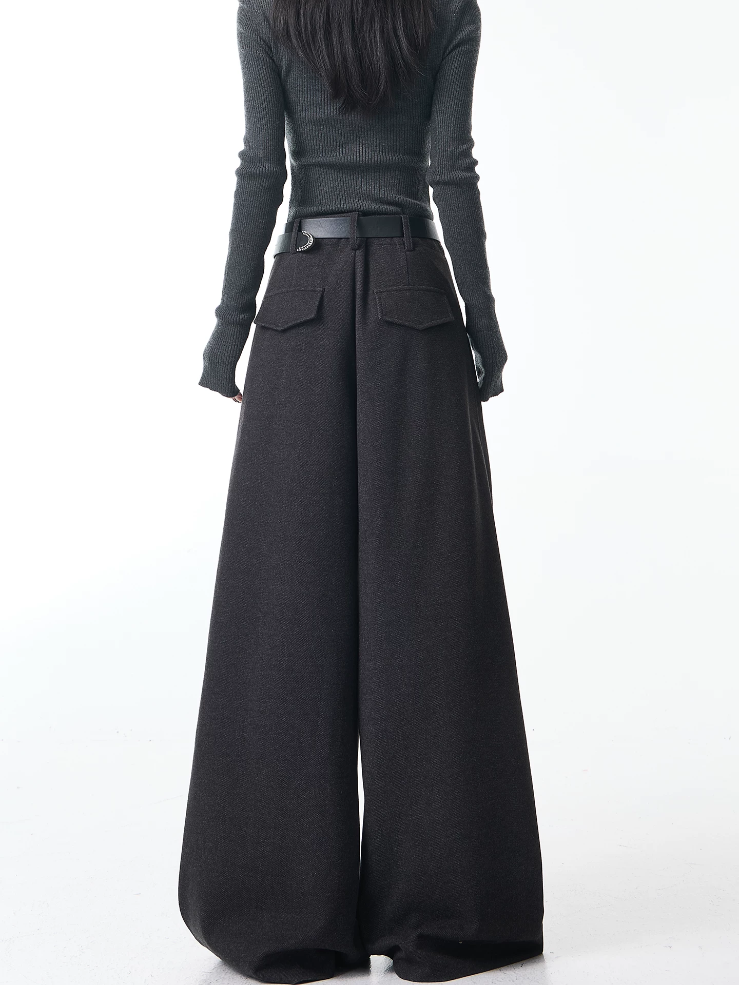 KEN STUDIO Quần tây xếp ly len dày màu xám thu đông mới dành cho nữ, quần cạp cao, dáng rộng và suôn mềm