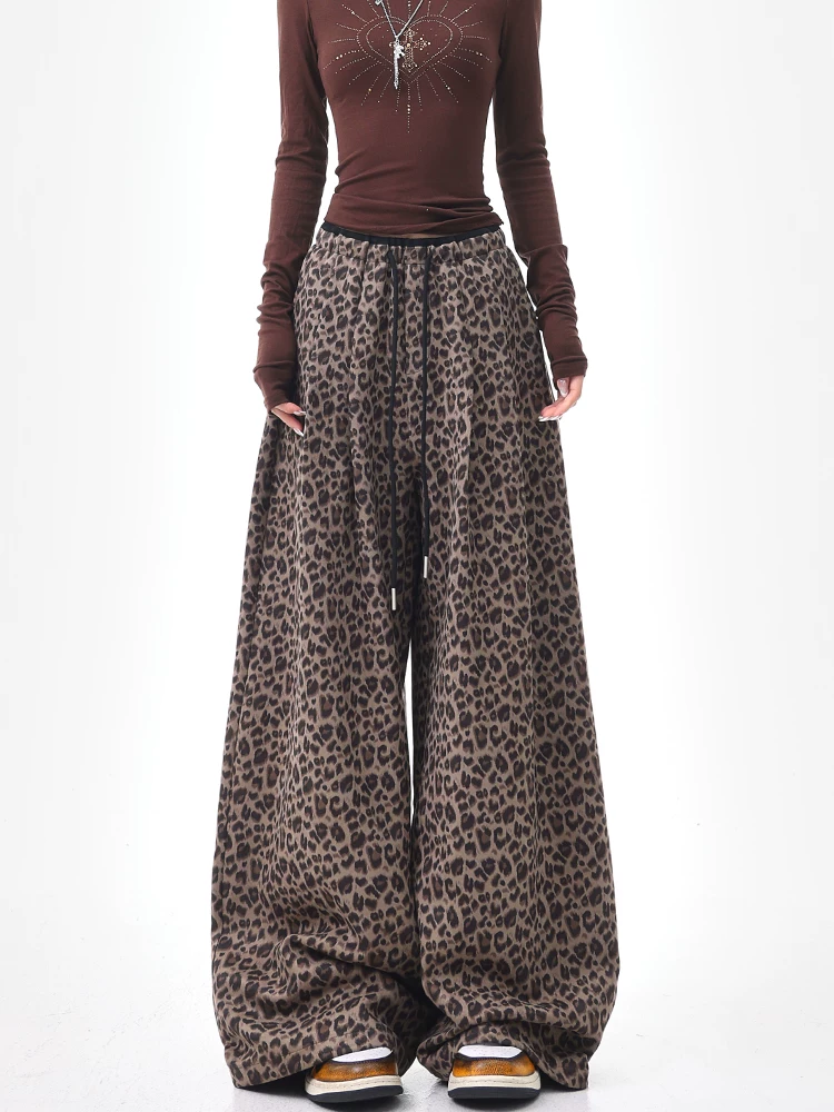 KEN STUDIO mùa thu đông mới phong cách retro da lộn in họa tiết da báo quần âu nữ lưng cao dáng rộng quần ống rộng giảm béo