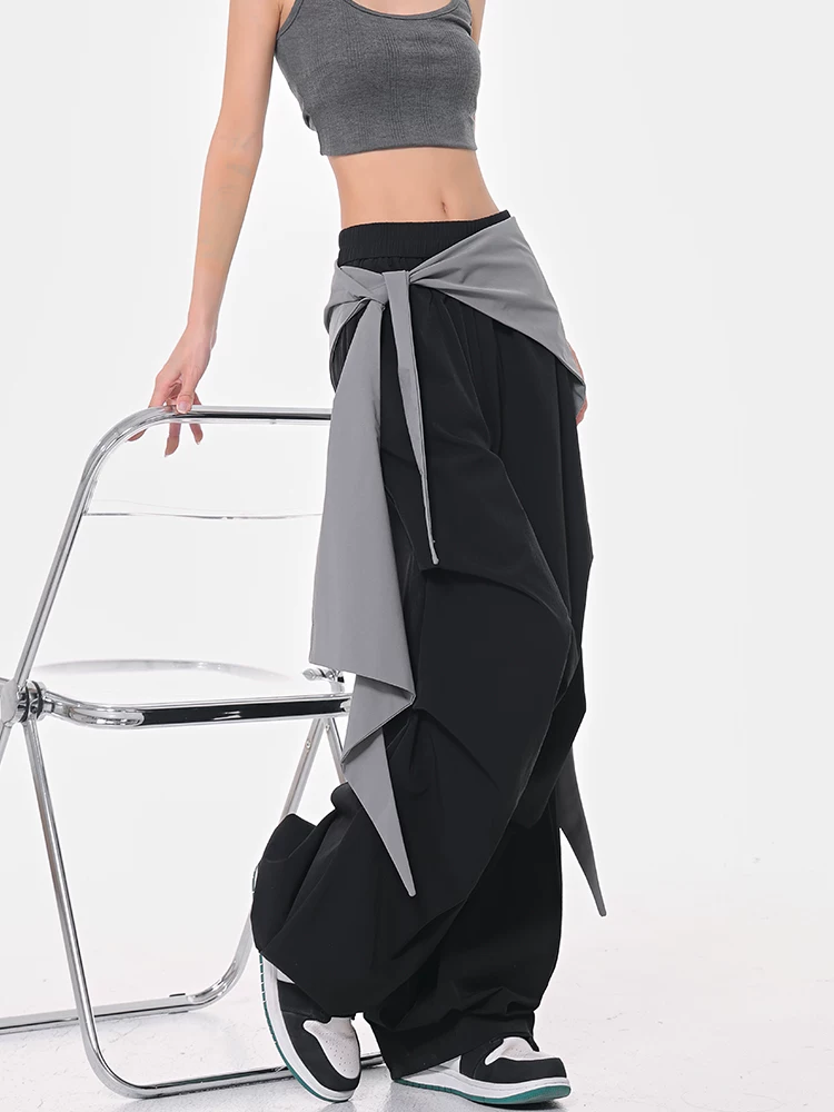 KEN STUDIO mùa hè phong cách đường phố mới quần dù thiết kế nhiều lớp dành cho nữ, quần rộng rãi kiểu chắp vá