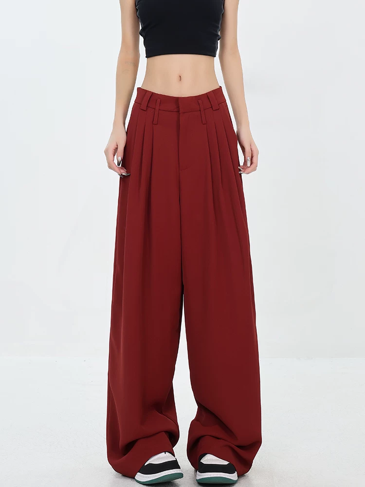 KEN STUDIO Xuân Thu Phong cách mới Quần tây ống rộng màu đỏ mỏng xếp nếp dành cho nữ, Quần dài dáng rộng dáng rộng, quần dài thông thường
