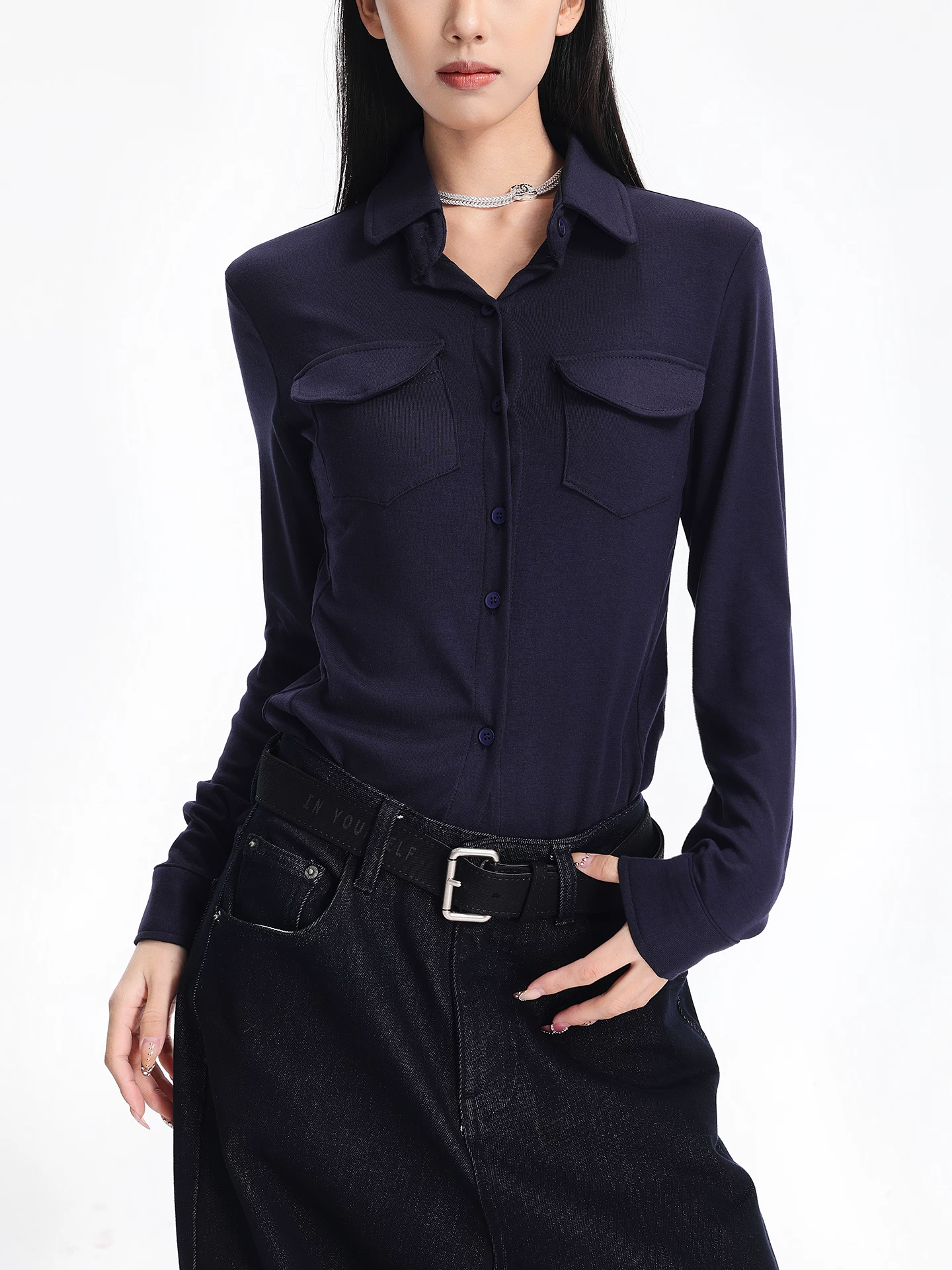 KEN STUDIO Áo sơ mi dài tay có cổ màu xanh hải quân phong cách mới mùa xuân thu dành cho nữ, vai thường, dáng rộng, giảm béo, áo thun đa năng