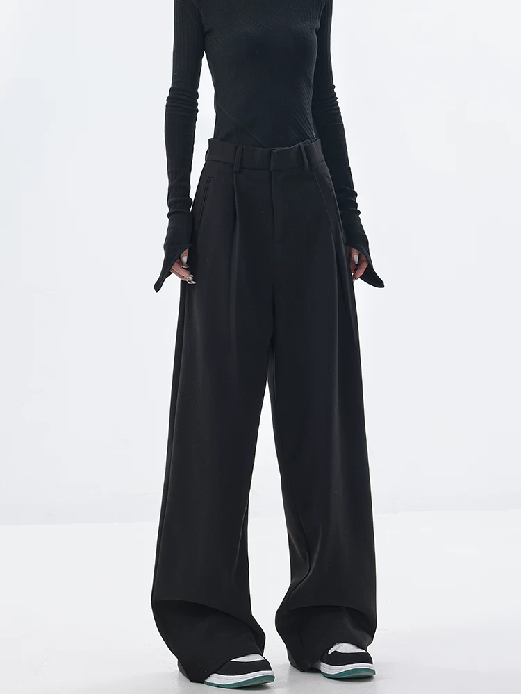 Quần âu ống rộng bằng len dày mùa thu đông của KEN STUDIO dành cho nữ, quần dài dáng rộng màu đen, quần dài thường ngày